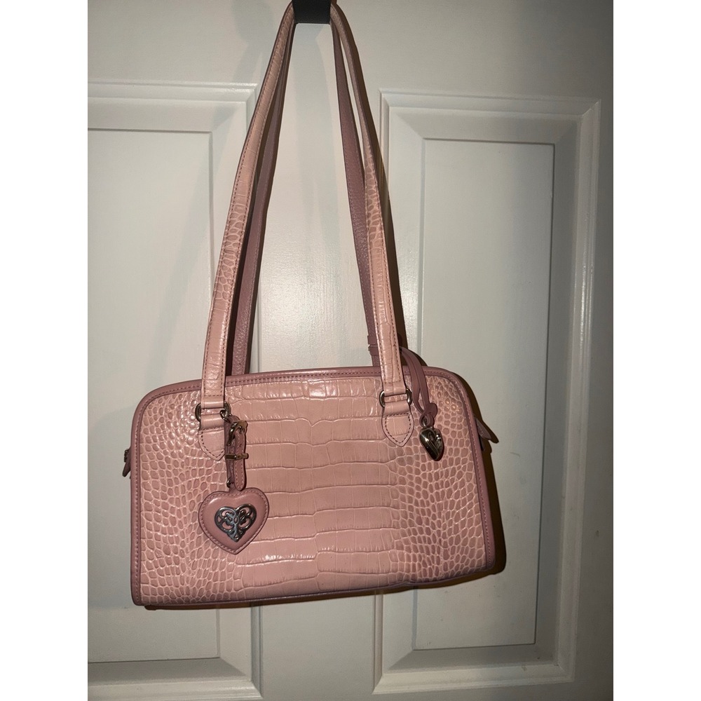 Brighton Light Pink Mauve Croc Embossed Leather Shoulder Bag Heart Charm Floral - Picture 2 of 9